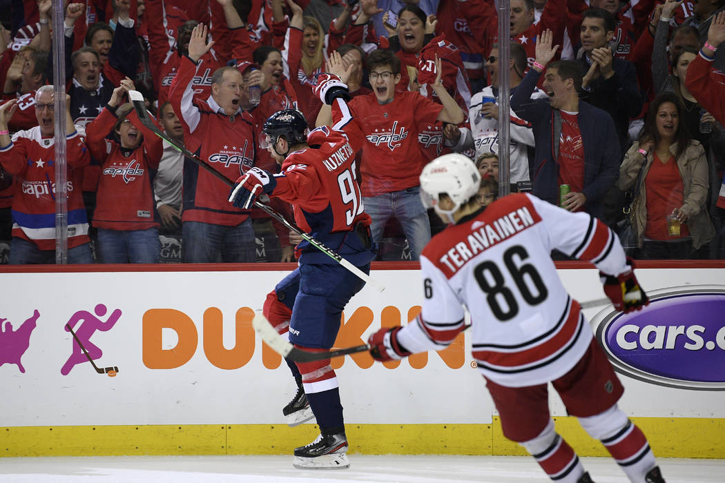 Washington Capitals center Evgeny Kuznetsov (92), of Russia, celebrates his goal during the sec ...