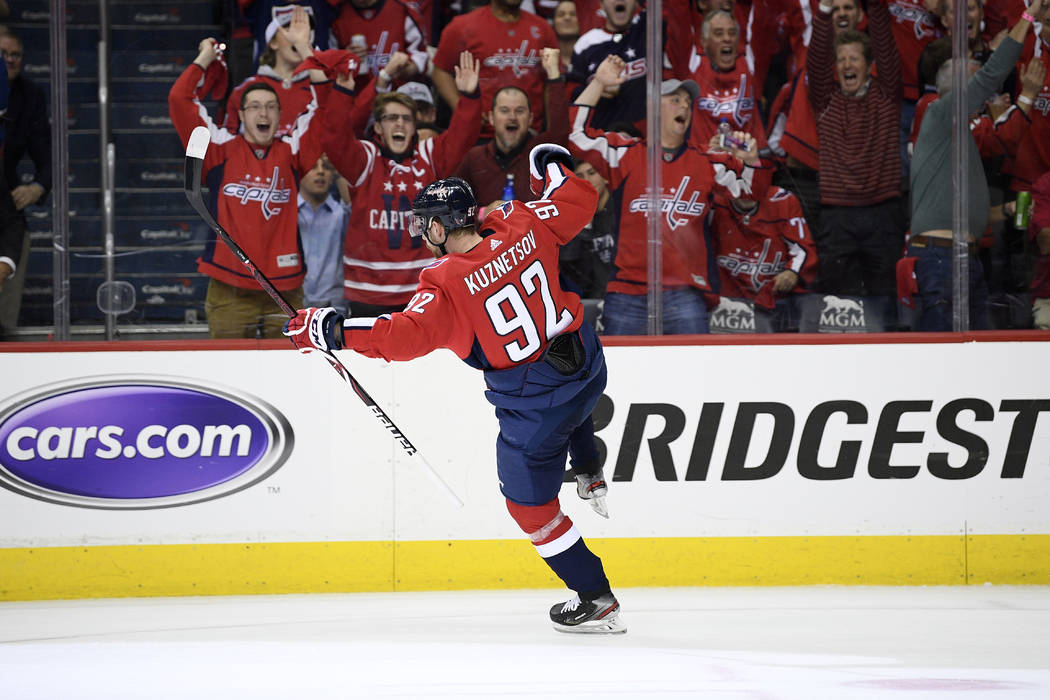 Washington Capitals center Evgeny Kuznetsov (92), of Russia, celebrates his goal during the sec ...