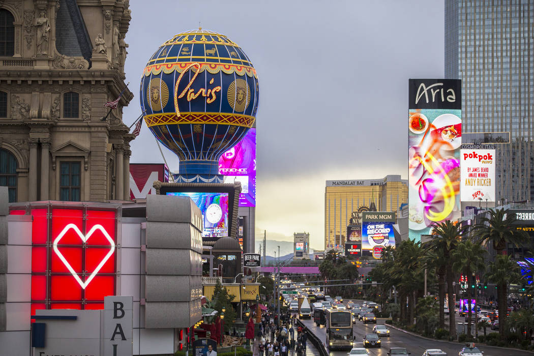 Cars pass by Paris Las Vegas on the Las Vegas Strip on Wednesday, March 20, 2019. (Benjamin Hag ...