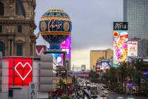 Cars pass by Paris Las Vegas on the Las Vegas Strip on Wednesday, March 20, 2019. (Benjamin Hag ...