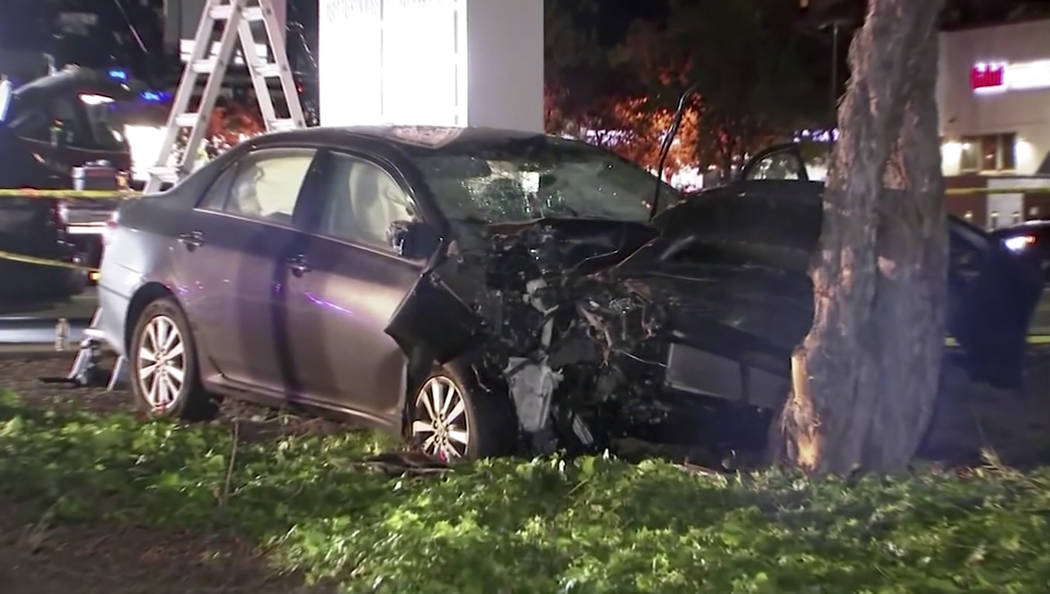 This April 23, 2019, image from video provided by KGO-TV, shows the scene of a car crash where ...