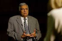 Sri Lankan Prime Minister Ranil Wickremesinghe takes a question during an interview with the As ...