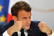 French President Emmanuel Macron delivers a speech at the Elysee Palace Thursday, April 25, 201 ...