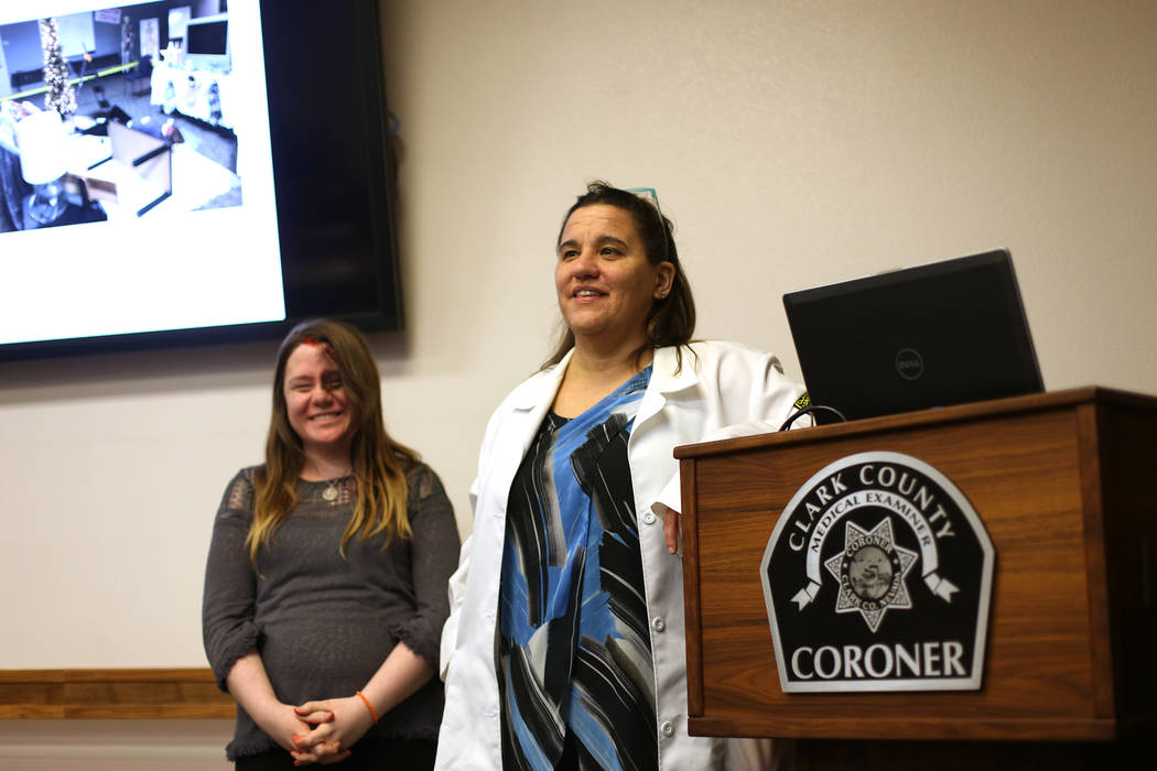 Dr. Lisa Gavin, the lead medical examiner from the Clark County Coroner's Office, talks to kids ...