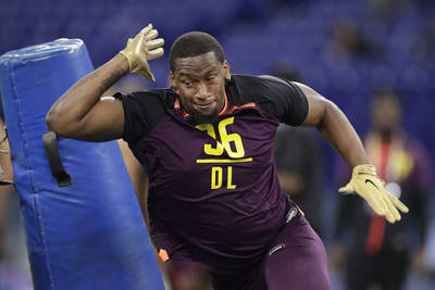 In this March 3, 2019, file photo, Clemson defensive lineman Clelin Ferrell runs a drill at the ...