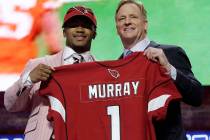 Oklahoma quarterback Kyler Murray poses with NFL Commissioner Roger Goodell after the Arizona C ...