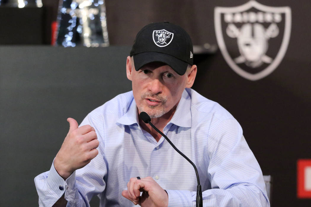 Oakland Raiders general manager Mike Mayock addresses the media during a news conference at the ...