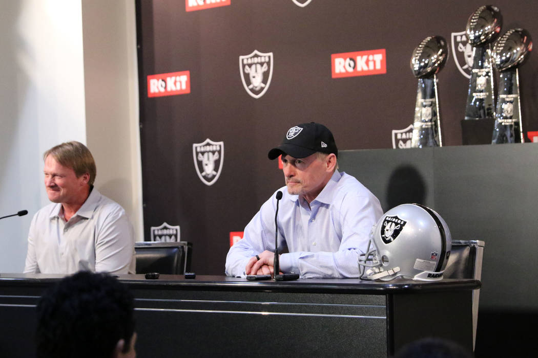 Oakland Raiders general manager Mike Mayock and head coach Jon Gruden address the media during ...