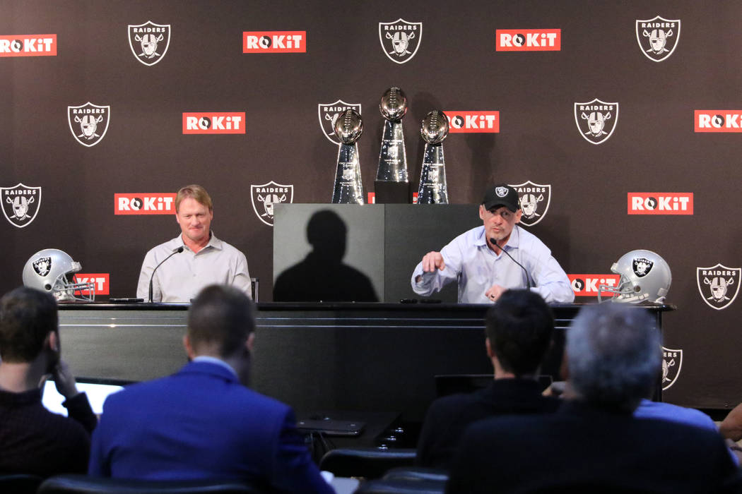 Oakland Raiders general manager Mike Mayock and head coach Jon Gruden address the media during ...