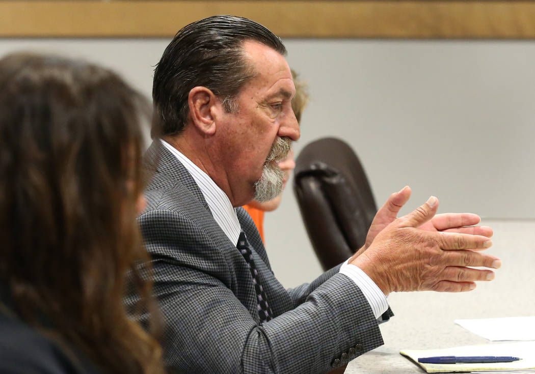 Defense attorney J.D. Evans addresses the court on Friday, April 26, 2019, at a sentencing hear ...