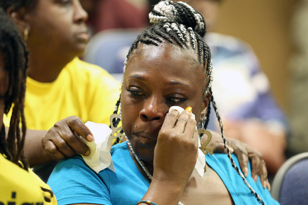 Akiko Cooks weeps on Friday, April 26, 2019 at the Clark County Juvenile Justice Court during a ...