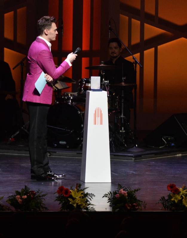 Emcee Erich Bergen attempts to interview an absent Lynn Slane, a Heart of Education winner from ...