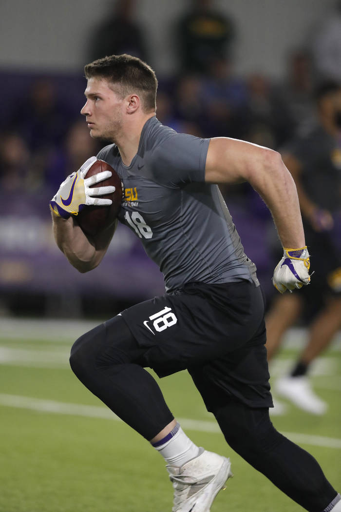 LSU tight end Foster Moreau works out during their NFL Pro Timing Day at their NCAA football tr ...