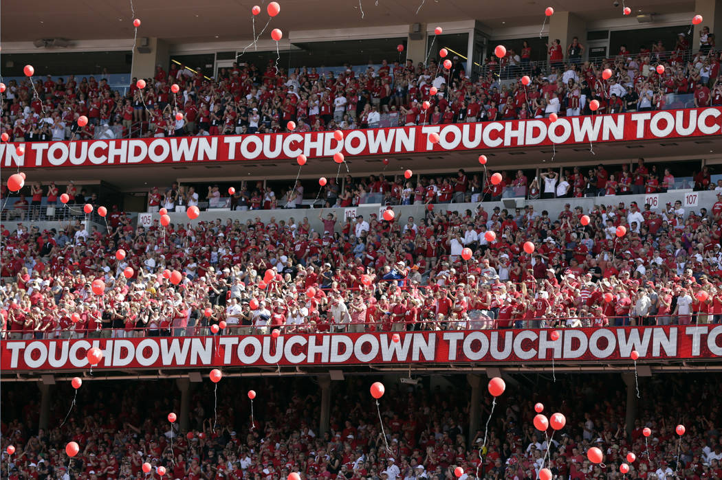 FILE - In this Sept. 15, 2018, file photo, Nebraska fans release red balloons after a touchdown ...