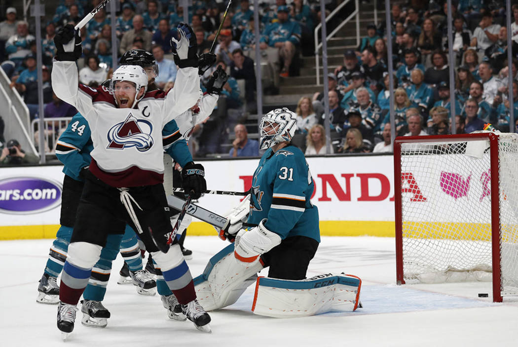 Colorado Avalanche's Gabriel Landeskog (92) celebrates a goal against San Jose Sharks goaltende ...