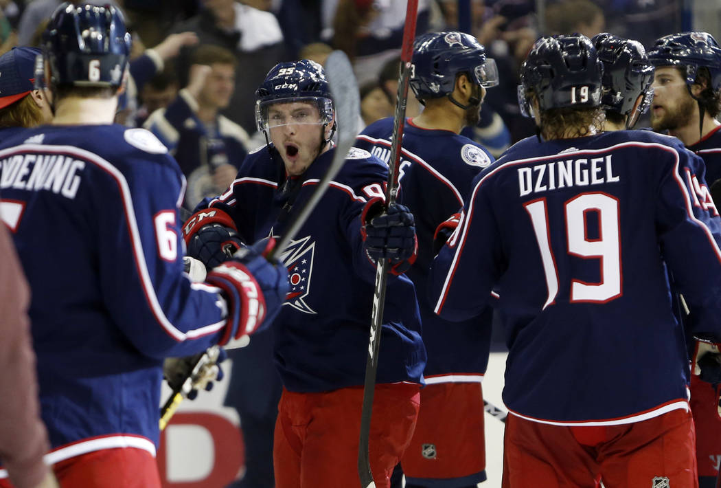 Columbus Blue Jackets' Matt Duchene celebrates the team's win over the Tampa Bay Lightning in G ...