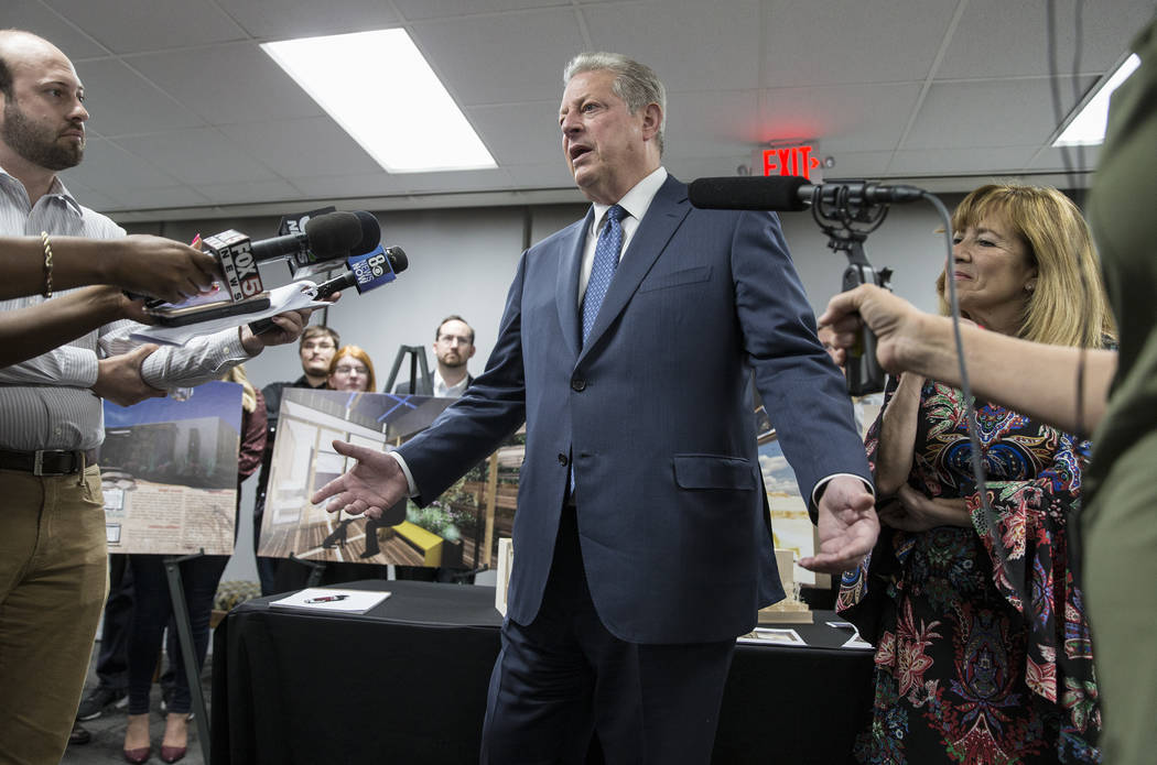 Former U.S. Vice President Al Gore addresses the media after meeting with UNLV's solar decathlo ...