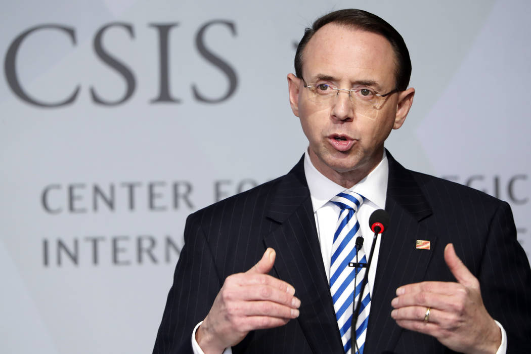 Deputy Attorney General Rod Rosenstein speaks at a Center for Strategic and International Studi ...