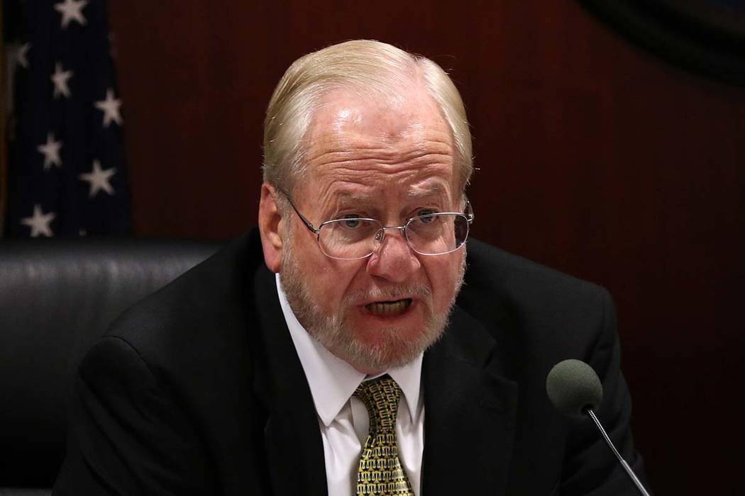 Nevada Gaming Commissioner Philip M. Pro speaks during a commission meeting, Feb. 26, 2019, in ...