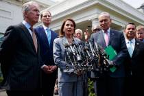 Speaker of the House Nancy Pelosi of Calif., talks with reporters after meeting with President ...