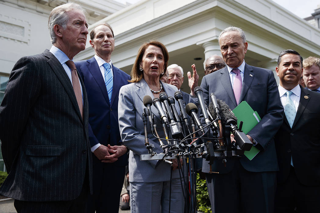 Speaker of the House Nancy Pelosi of Calif., talks with reporters after meeting with President ...