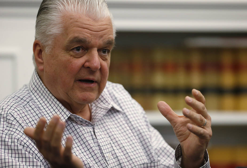 Nevada Gov. Steve Sisolak talks about his first 100 days in office, at the Capitol, in Carson C ...