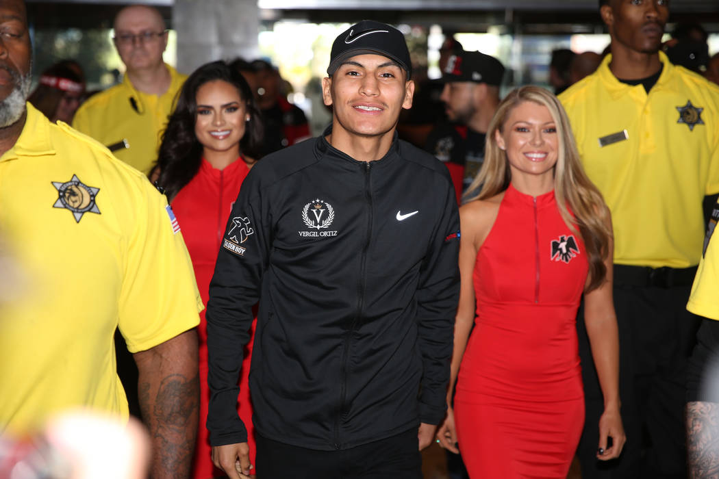 Vergil Ortiz Jr. makes his grand arrival at MGM Grand hotel-casino in Las Vegas, Tuesday, April ...