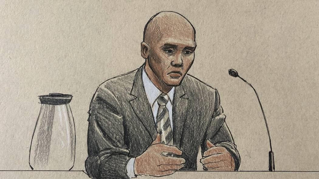 This courtroom sketch depicts former Minneapolis police officer Mohamed Noor on the witness sta ...