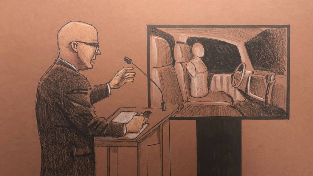 This courtroom sketch depicts defense attorney Thomas Plunkett, left, speaking during closing a ...