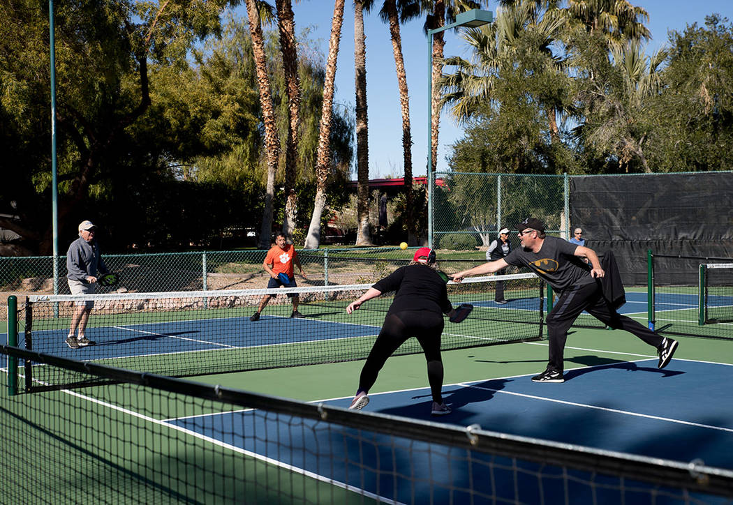 Community members of Las Vegas Motorcoach Resort play pickleball. (Tonya Harvey Real Estate Mil ...