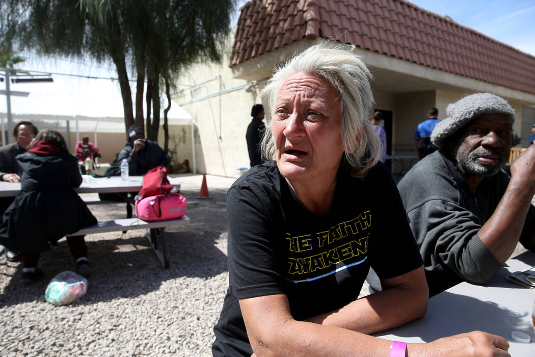 Natoma Zagala, 53, talks to a reporter at the City of Las Vegas Courtyard Homeless Resource Cen ...