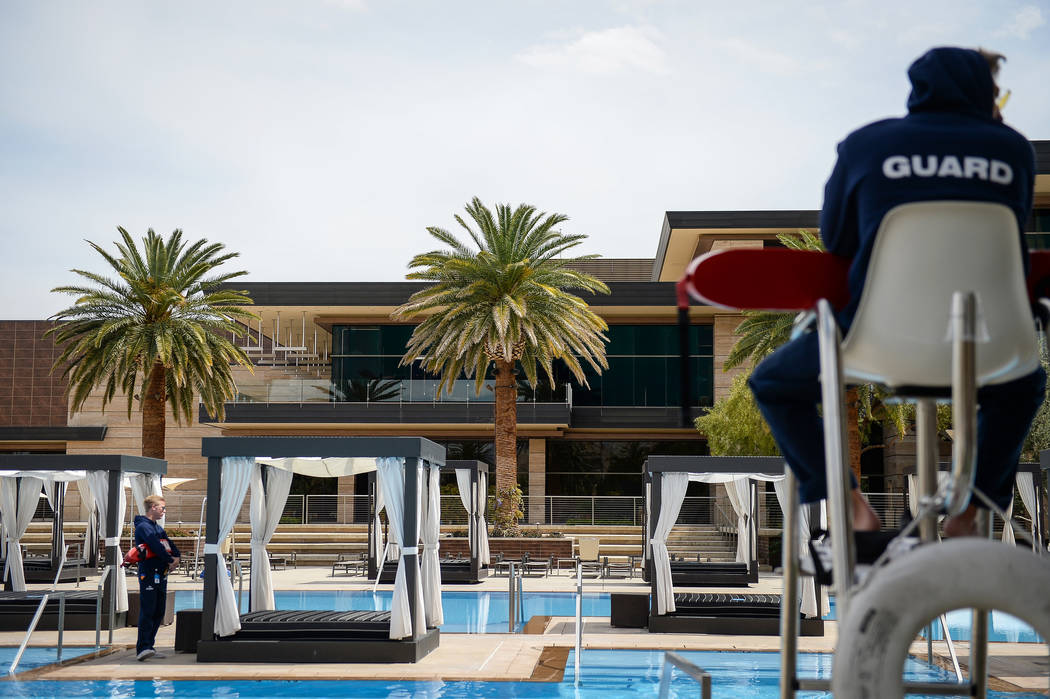 Lifeguards watch the pool area while on duty at the M Resort in Henderson, Thursday, April 4, 2 ...