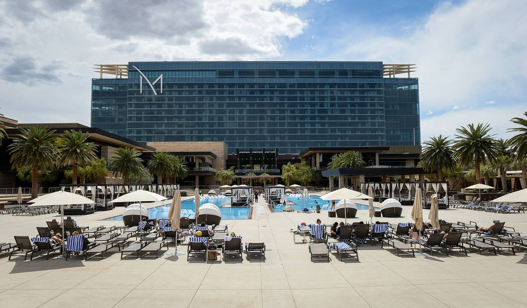 People relax out at the pool at the M Resort in Henderson, Thursday, April 4, 2019. (Caroline B ...