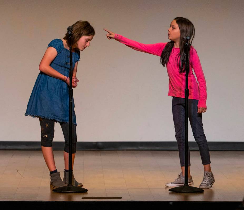 Blue Diamond Elementary School students Izzy Folk and Jade Jacobs perform "There is a Bird ...