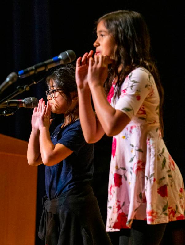 Tanaka Elementary School students Celine Pham and Vivyana Yepes perform "Tilly" durin ...