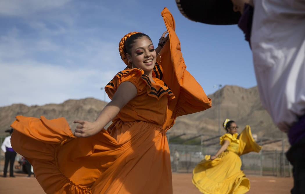 Jazmin Villezcas, left, with Ballet Folklorico Alborada at Sunrise Mountain High School, dances ...