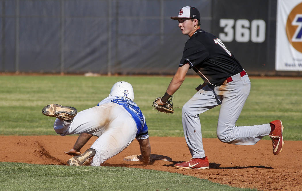 Basic outfielder Trace Evans (24) slides into second base as Desert Oasis infielder Colby Smith ...