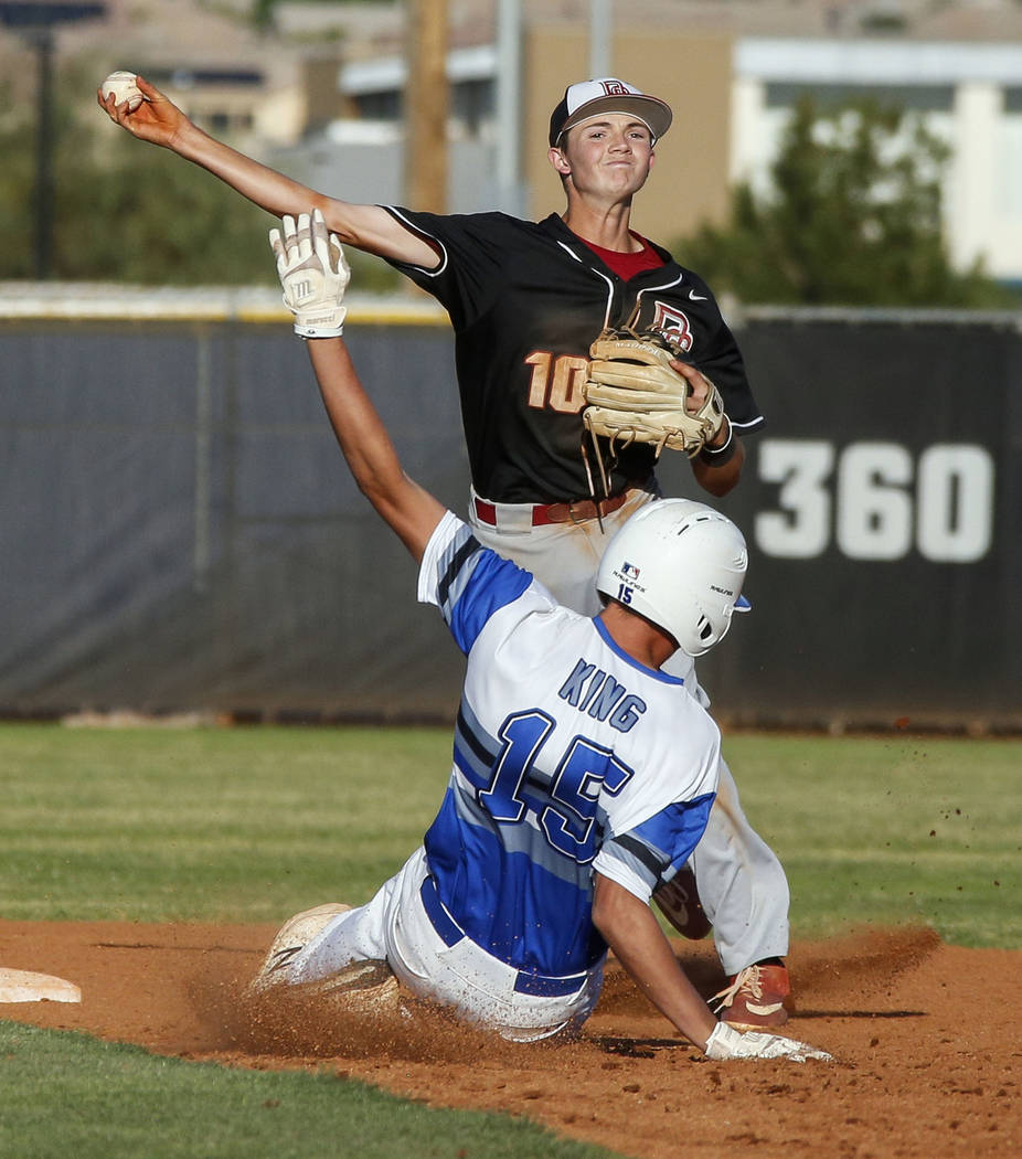 Desert Oasis infielder Colby Smith (10) throws to first base after forcing Basic outfielder Jad ...