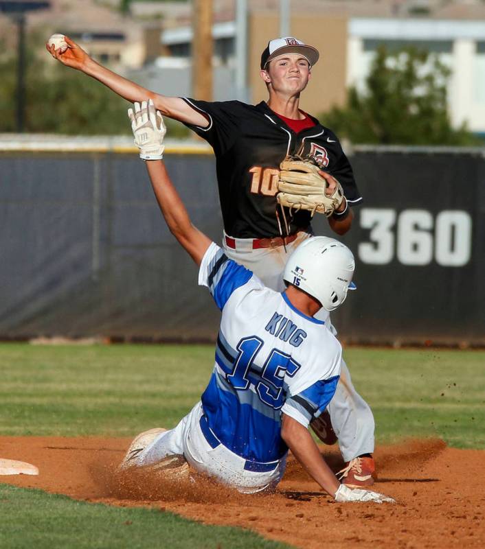 Desert Oasis infielder Colby Smith (10) throws to first base after forcing Basic outfielder Jad ...