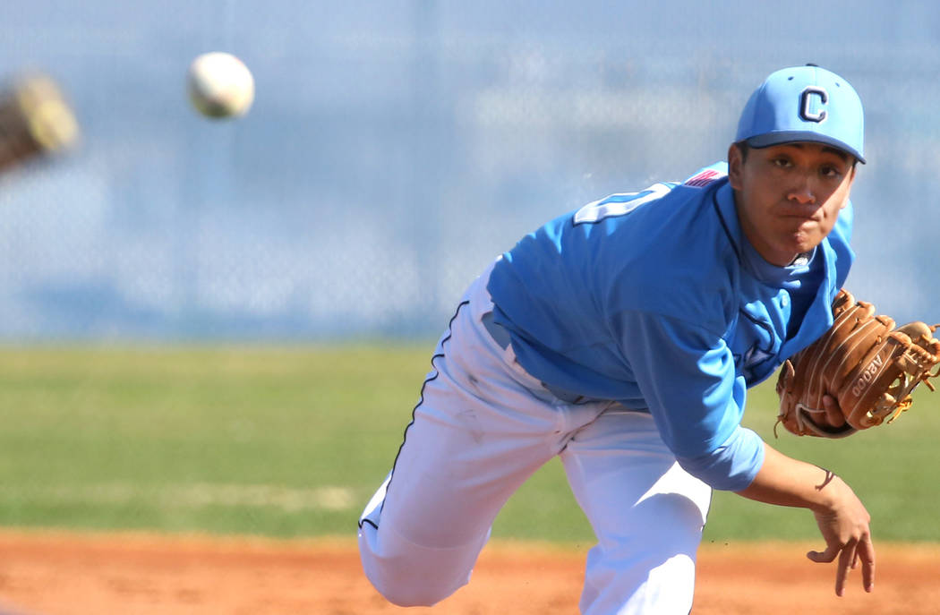 Centennial's pitcher Nate Martin delivers against Liberty High during their baseball game at Ce ...