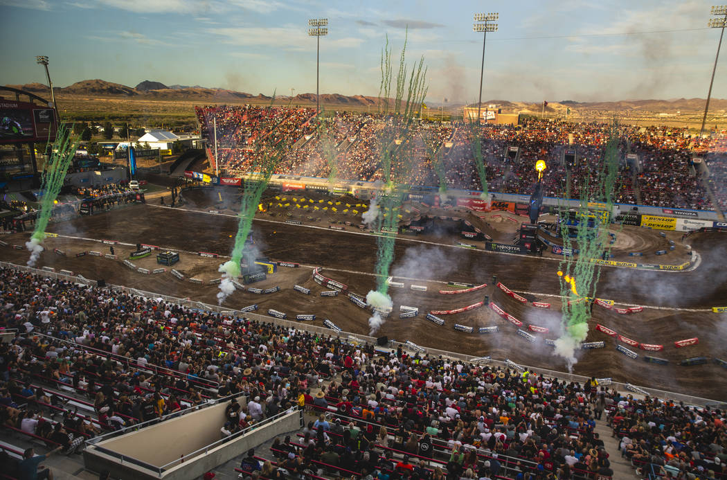 Fireworks explode before the featured 450 SX class race at Sam Boyd Stadium on Saturday, May 4, ...