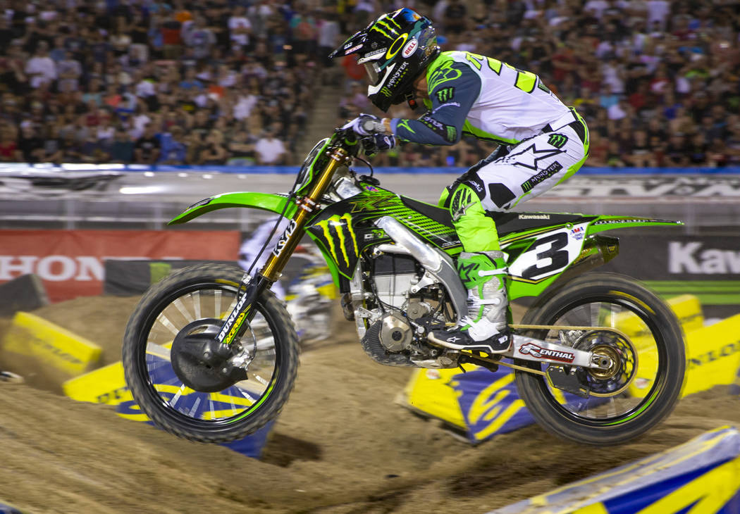 Eventual race winner Eli Tomac (3) navigates the track during the featured 450 SX class finals ...
