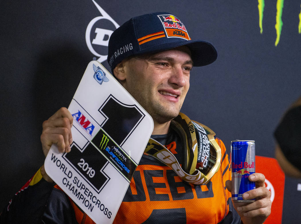 Red plate points leader Cooper Webb (2) shows off his championship plate following the featured ...