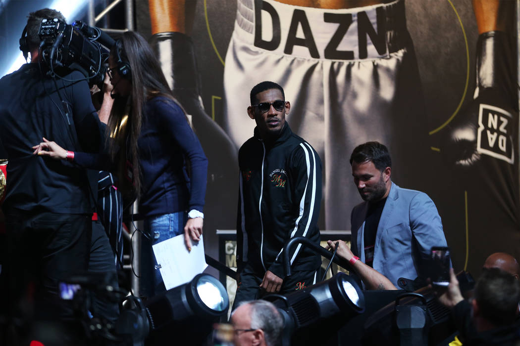 Daniel Jacobs takes the stage for his weigh-in at T-Mobile Arena in Las Vegas, Friday, May 3, 2 ...