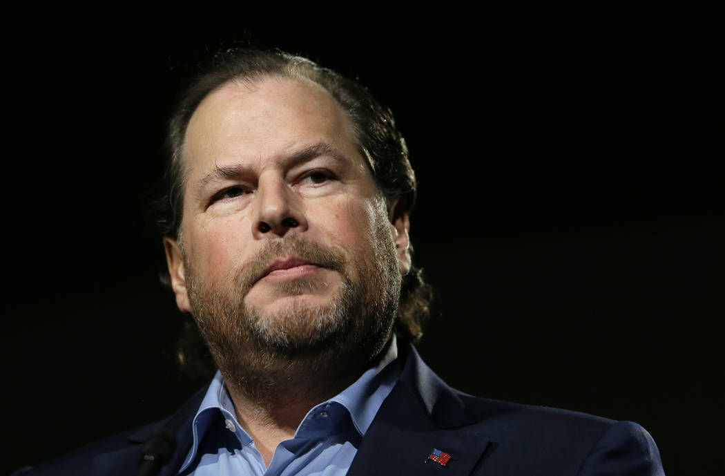 Salesforce CEO Marc Benioff speaks Oct. 30, 2018, at a luncheon in San Francisco. Salesforce CE ...