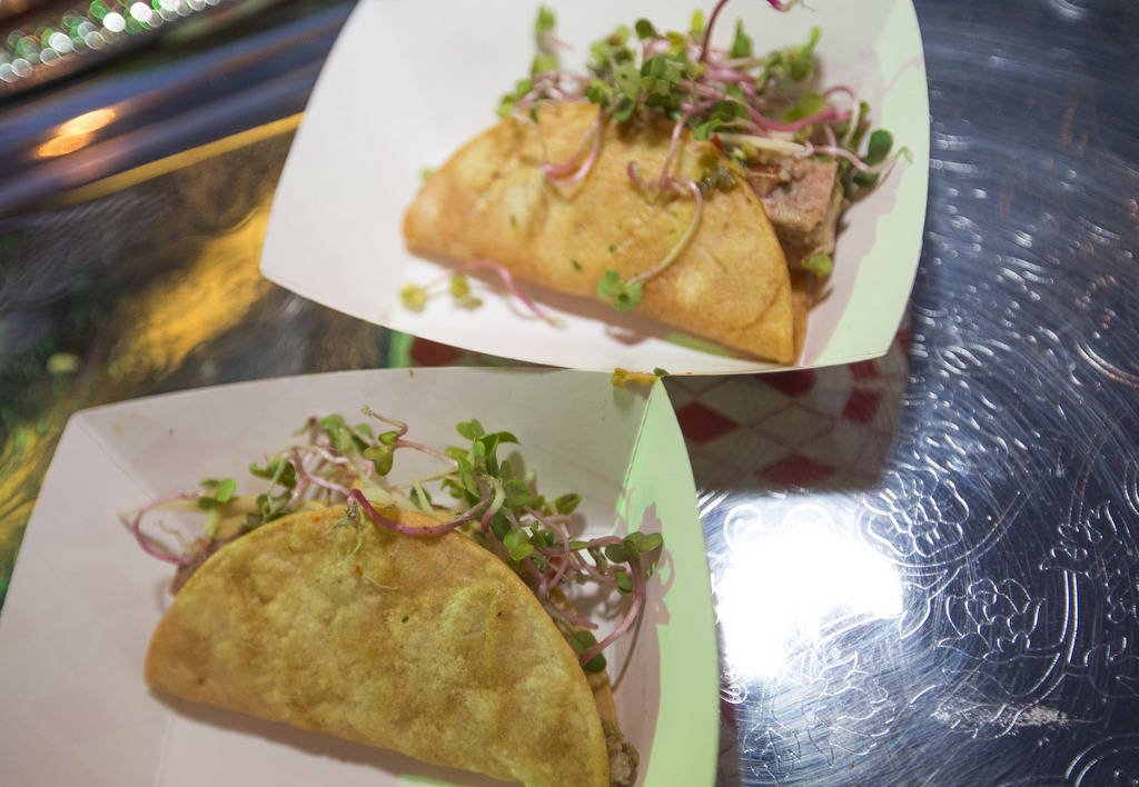 Le Cubano Doblada tacos with beer-infused ham pate, pickle pico, gruyere cheese, French beer mu ...