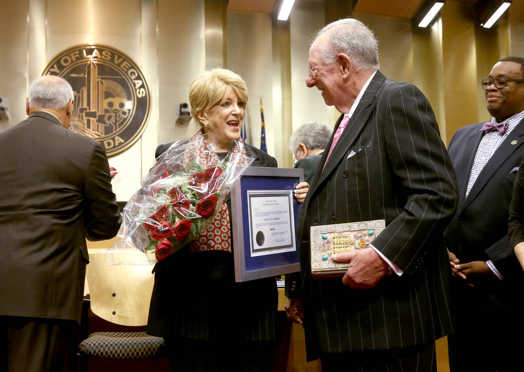 Las Vegas Mayor Carolyn Goodman celebrates with her husband, former Mayor Oscar Goodman, after ...
