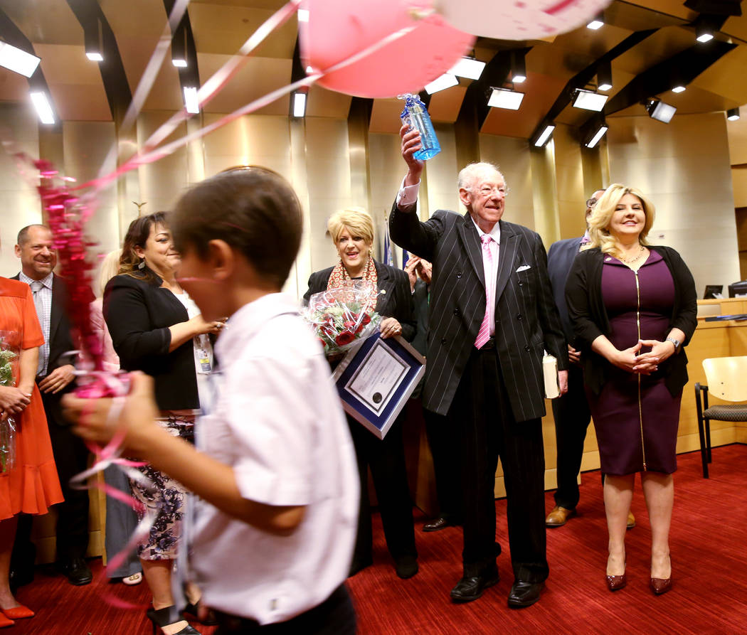 Former Mayor Oscar Goodman shows his gift after his wife, Las Vegas Mayor Carolyn Goodman, was ...