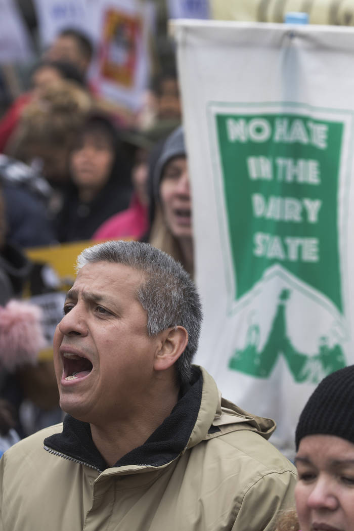 A marcher cheers during the Day Without Latins' rally Wednesday, May 1, 2019 at the Capitol in ...