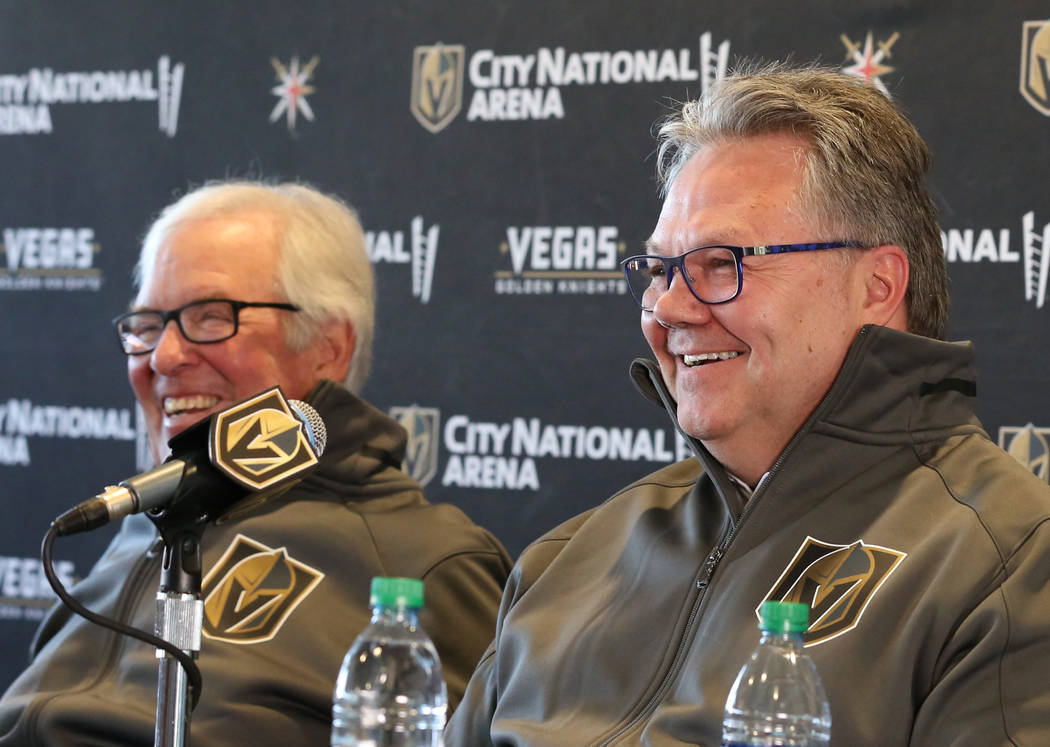 Golden Knights owner Bill Foley, left, and Kelly McCrimmon take part in a news conference where ...